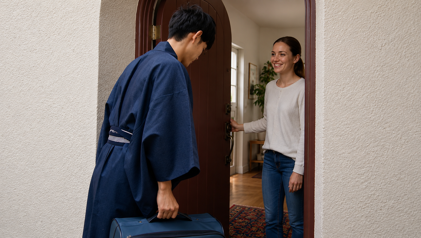 Host arriving with Japanese tea utensils and matcha