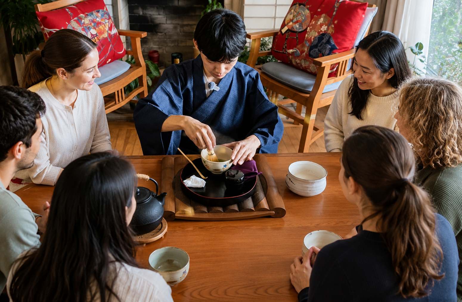 Guests enjoying a private Japanese tea ceremony at home